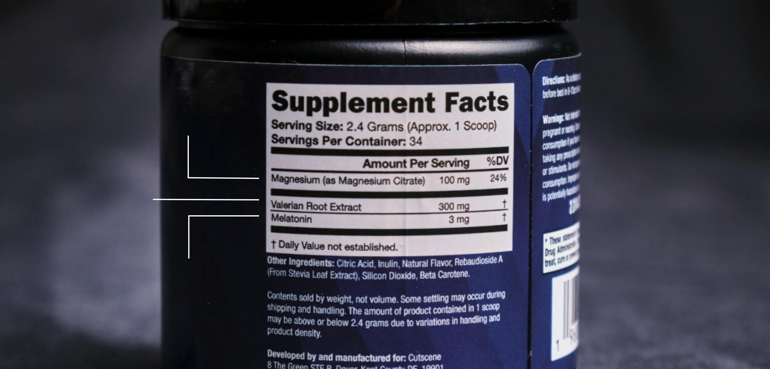 Picture of the back of CutScene Tub.  Supplement facts displayed along with call out lines to each supplement.